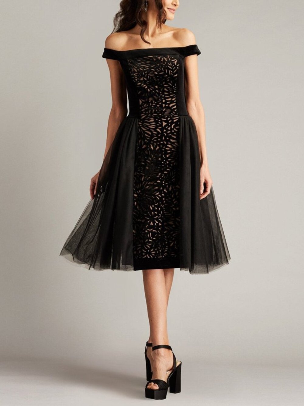 Tadashi Shoji Valencia Laser Cut Off-shoulder Velvet & Tulle Dress